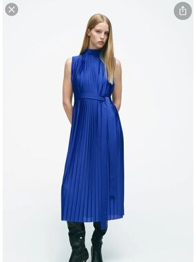 Zara Sleeveless Pleated Midi Dress in Cobalt Blue